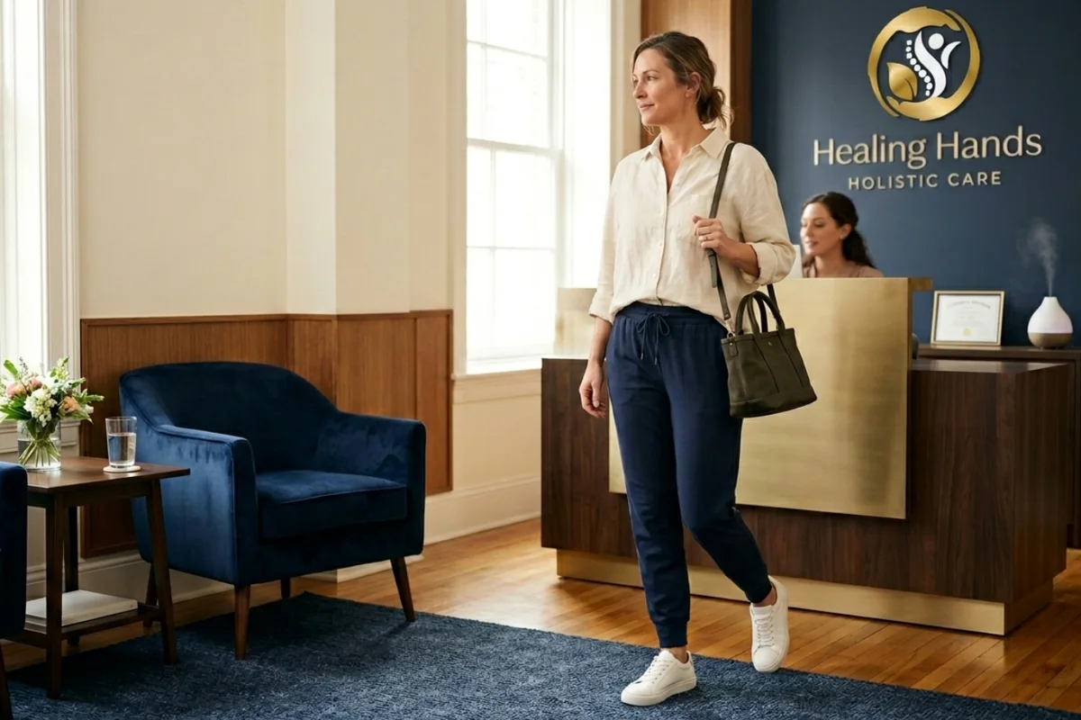 Loose shirt and joggers for a massage appointment