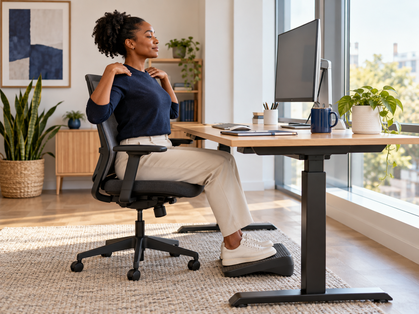 Black desk professional demonstrating a supported workstation and relaxed shoulder reset