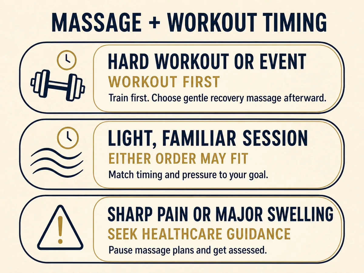 Massage and workout timing guide with recommendations for hard workouts, light sessions, and concerning symptoms